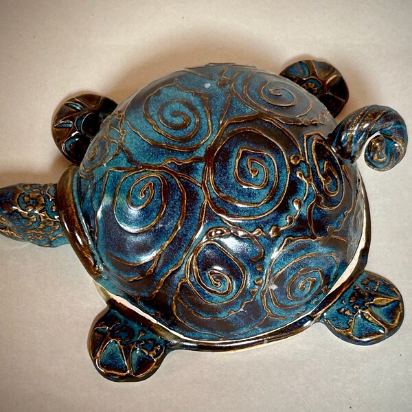 Adorable Ceramic Turtle Butter Dish, Wheel Thrown and Sculpted Handmade Turtle for Pate or Cheese, Blue Turtle Server with Knife Head