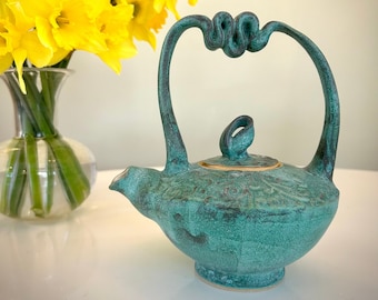 Bronze Green Handmade Unique and Beautiful Pottery Teapot, Wheel Thrown Teapot with Unusual Handle, One of a kind Stoneware Teapot