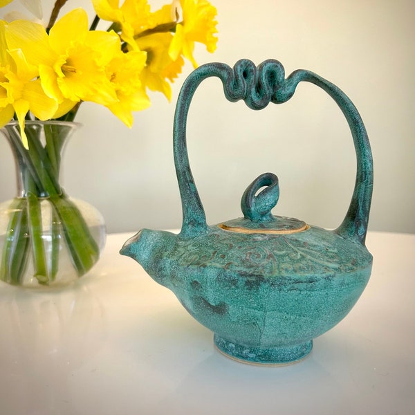 Bronze Green Handmade Unique and Beautiful Pottery Teapot, Wheel Thrown Teapot with Unusual Handle, One of a kind Stoneware Teapot
