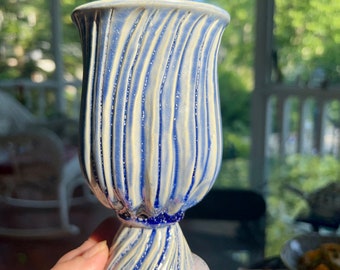 Handmade Faceted Blue Ceramic Cup for Wine or Water, Glazed Medium Sized Stoneware Goblet, Elegant Drink Ware for Table, Chalice Vessel