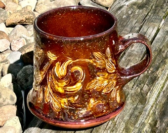 Hand built Earthenware Cappuccino or Tea Mug with Copper Sparkle Red Gold Glaze, Large Handmade Ceramic Cup with Gorgeous Floral Design