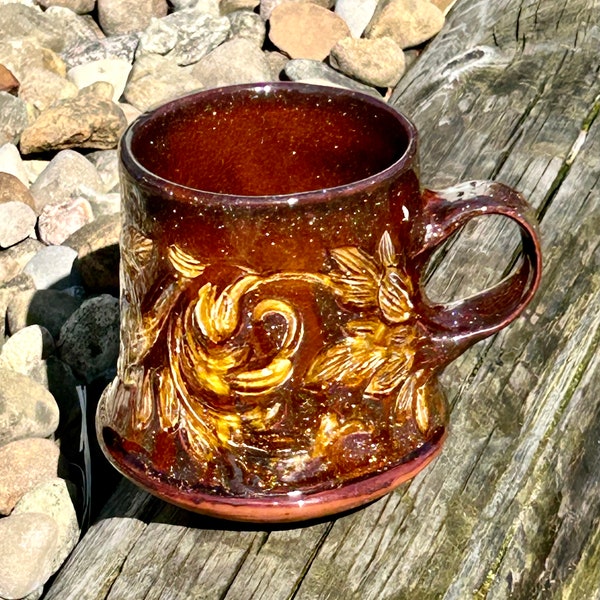 Hand built Earthenware Cappuccino or Tea Mug with Copper Sparkle Red Gold Glaze, Large Handmade Ceramic Cup with Gorgeous Floral Design