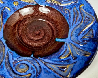 Wheel Thrown Asymmetrical Blue and Gold Ode to Gustav Klimt Serving Bowl, Unique Carved Functional Serving Dish for Hors D'oeuvres or More!