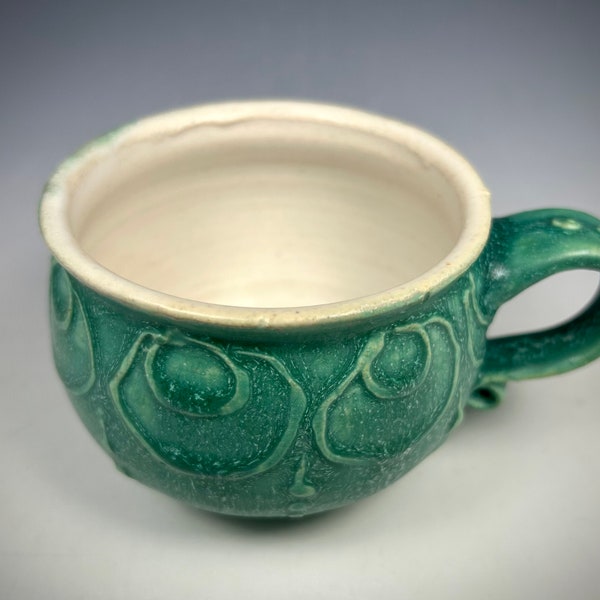 Petite Ceramic Stoneware Wheel thrown and Slip Trailed Handmade Mug, Sea foam Green Handmade Cappuccino Cup, Tea Mug, Green Mug for Her