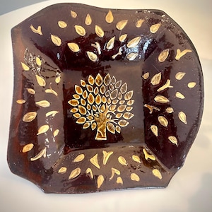 Handmade Small Platter with Tree of Life Design, Textured Serving Dish, Handcrafted Tableware, Sparkling Gold Dish, Hand Built Ceramic Dish