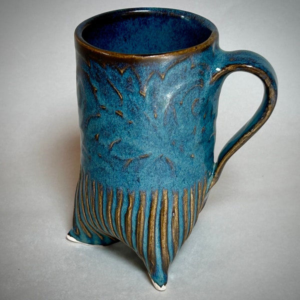Beautiful and Interesting Tripod Cappuccino Mug with Blue and Gold Glaze, Handmade Three legged Coffee Cup with Textured Design, Unique