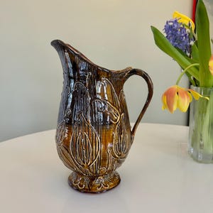 Large Golden Ceramic Pitcher, Studio Art Handmade Slip Decorated Vase