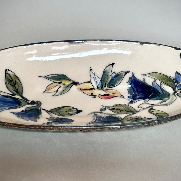 Oval Ceramic Handmade Stoneware Serving Platter with Hummingbird, Slab Built Long Oval Hummingbird and Flowers Pottery Dish, Hand Painted