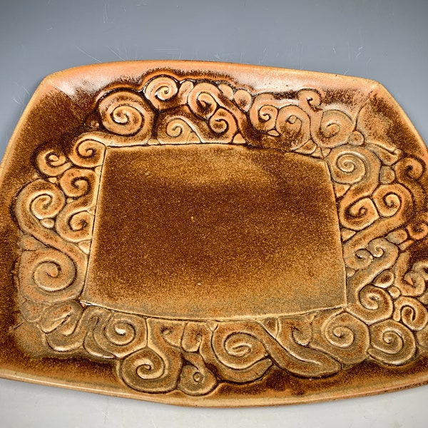 Slab Built by Hand Gorgeous Gold/Amber Textured Large Platter with Inlaid Swirl Designs, Stoneware Hand made Serving Dish for the Table