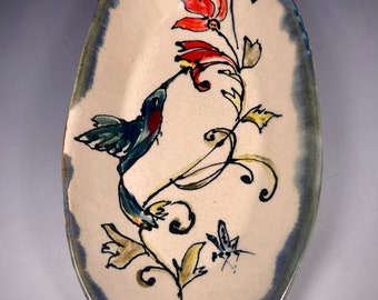 Hand Built Long Oval Ceramic Hummingbird and Flower Bowl, Hand Made Oval Hummingbird Serving Dish, Hand Painted Hummingbird Pottery Dish