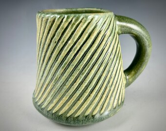Mint Green Hand Made Wheel Thrown Large Cappuccino Carved Mug, Unique Spearmint 10 Oz Coffee or Tea Cup, Faceted Ceramic Stoneware Mug