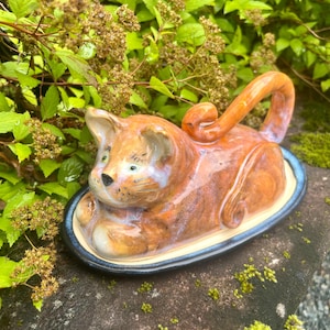 May include: A ceramic butter dish shaped like a resting cat with a glossy orange and brown glaze. The cat figure serves as the lid, featuring pointed ears, a curled tail, and a painted face, sitting on an oval base with a dark blue rim.