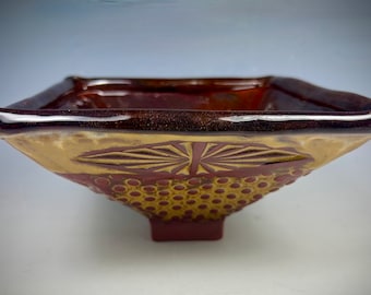 Unique Small Hand Built Ceramic Bowl with Red Gold Glaze. Square Serving Bowl for the Table in Earthenware with Gorgeous Red Gold Glaze.