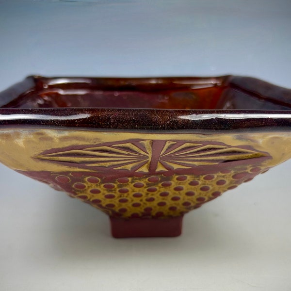 Unique Small Hand Built Ceramic Bowl with Red Gold Glaze. Square Serving Bowl for the Table in Earthenware with Gorgeous Red Gold Glaze.