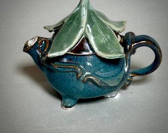Adorable Little Flower Teapot for Teapot Collectors, Tiny Handmade, Wheel Thrown and Sculpted Blue and Green Flower Shaped Stoneware Teapot
