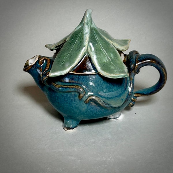 Adorable Little Flower Teapot for Teapot Collectors, Tiny Handmade, Wheel Thrown and Sculpted Blue and Green Flower Shaped Stoneware Teapot