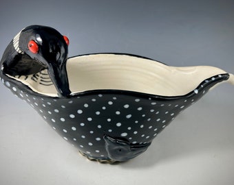 Handmade Wheel Thrown Ceramic Loon Bowl with Baby, Stoneware Oval Loon Bowl Serving Dish, Pottery Loon Bowl for the Table, for Loon Lovers.