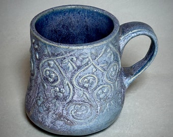 Beautiful Blue/Purple Ceramic Hand Built Cappuccino or Coffee or Tea Mug. Unique    Lavender Stoneware Cup with Impressed Scroll Design.