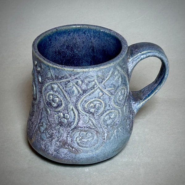 Beautiful Blue/Purple Ceramic Hand Built Cappuccino or Coffee or Tea Mug. Unique    Lavender Stoneware Cup with Impressed Scroll Design.