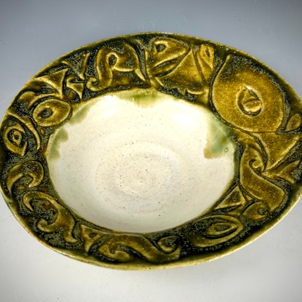 Homage to Gustav Klimt Handmade Wheel Thrown and Sculpted Ceramic Bowl,  Green Gold Asymmetrical Serving Platter, One of a Kind Vessel