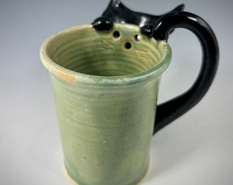 Black Kitty Teabag Mug, Handmade Stoneware Cat Tea Cup with Tail and Teabag Holder, Wheel Thrown Black Cat and Spearmint Green  Teabag Mug