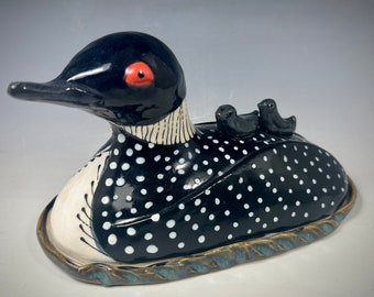 Handmade Ceramic Loon Butter Dish, Unique Whimsical Butter or Pate dish for Loon Lovers, Loon and Baby Covered Serving Dish for the Table