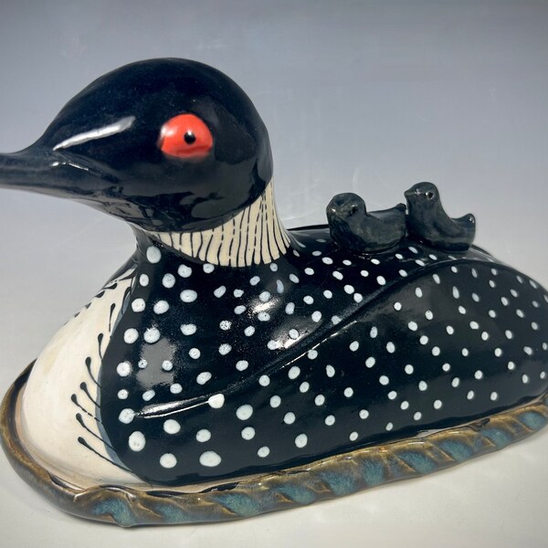 Handmade Ceramic Loon Butter Dish, Unique Whimsical Butter or Pate dish for Loon Lovers, Loon and Baby Covered Serving Dish for the Table