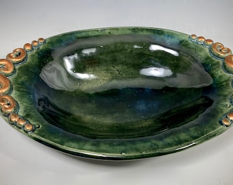 Beautiful Olive Green Oval Bowl, Handmade Bowl with Scroll design, Serving Bowl for the Table, Vegetable Bowl, Ceramic Handmade Dish