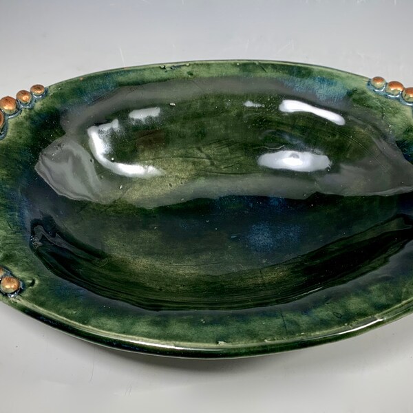 Beautiful Olive Green Oval Bowl, Handmade Bowl with Scroll design, Serving Bowl for the Table, Vegetable Bowl, Ceramic Handmade Dish