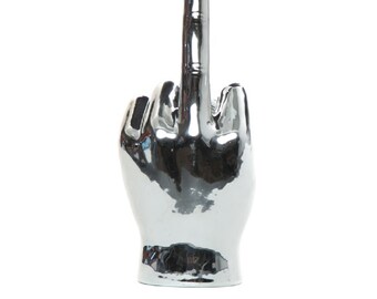 Interior Illusions Plus - Silver Middle Finger - Table top - Sculpture - Display Jewelry, Rings, Bracelets, Accessories - Art - 8" long