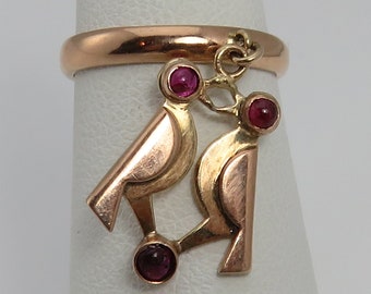 Vintage 60's Designer 14k Rose Gold Ruby Bird Ring by Hindley & Co