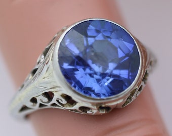Art Deco 18k Belais Synthetic Sapphire Ring Settling Size 3.75.
