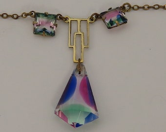 Vintage Art Deco Iris Gold Filled Rainbow Glass Necklace.