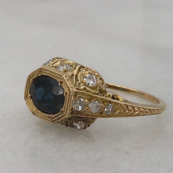 14K Vintage 1.29 Sapphire Diamond Filigree Diamond Ring sz 5.5.