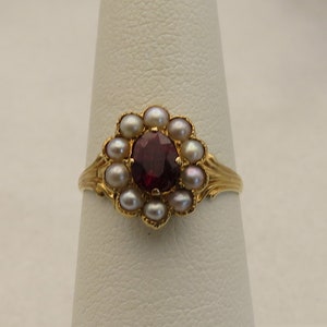 14K Antique Almandine Garnet Pearl Band Ring. sz 6.