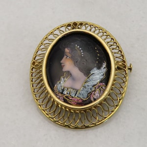 Victorian 18k Enamel Portrait Painting Brooch Pendant. Signed.
