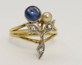 Antique French 18k Sapphire Diamond Pearl Ring.