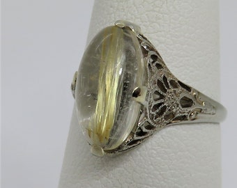 Art Deco 14k White Gold Rutilated Quartz Ring sz 4.5.