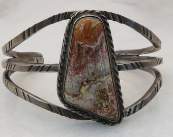Vintage Navajo Sterling Silver Agate Cuff Bracelet Signed.