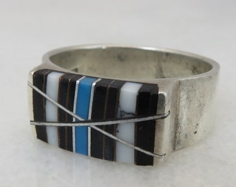 Vintage Sterling Inlay Stone Mans Band Ring size 10.