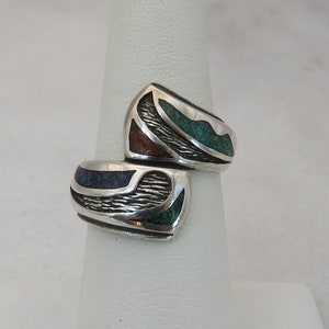 Vintage Navajo Sterling Silver Turquoise Coral Band Ring sz 7.