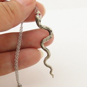 May include: A silver snake pendant necklace with red gemstone eyes. The snake is curled in a realistic pose and hangs from a delicate silver chain.