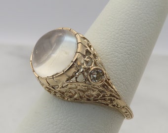 14k Art Deco Moonstone Diamond Engagement Ring sz 6.5.
