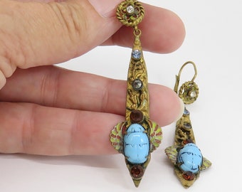 Antique Neiger Egyptian Revival Winged Scarab Drop Dangle Earrings.