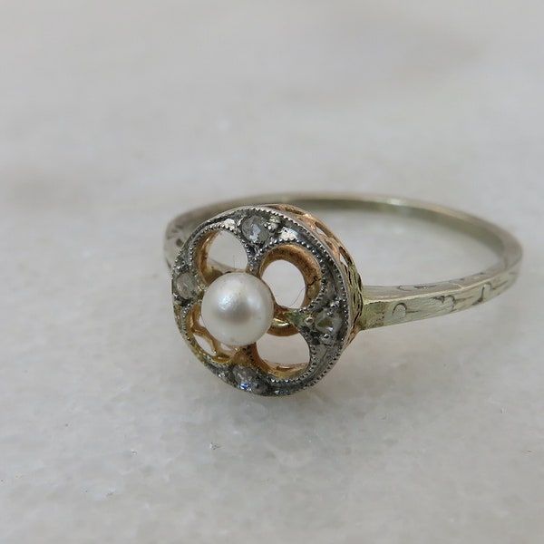Edwardian 14k Rose Cut Diamond Pearl Ring.sz 5.75.