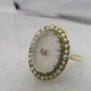 Antique 18k Platinum Rock Crystal Diamond Pearl Ring. sz 6.5.