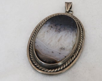 Vintage Sterling Silver Scene Agate Large Pendant. 2 1/3 inch