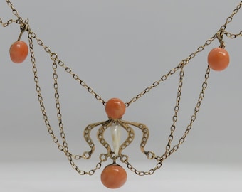 Antique Victorian  10k Rose Gold Coral  Festoon Pearl Necklace.