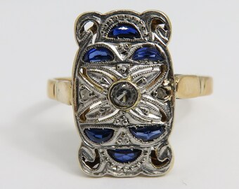 Art Deco 18k Platinum Top Sapphire Diamond Ring sz 8.25.