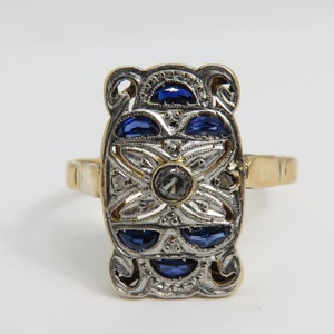 Art Deco 18k Platinum Top Sapphire Diamond Ring sz 8.25.